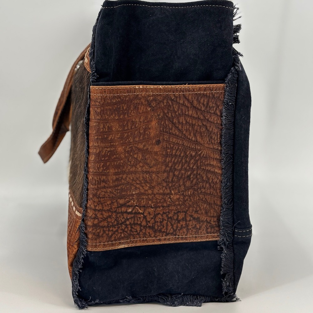 Myra Asher Weekender Bag Women's Brown Cowhide Leather Denim S-6780 Boho New - Picture 5 of 14